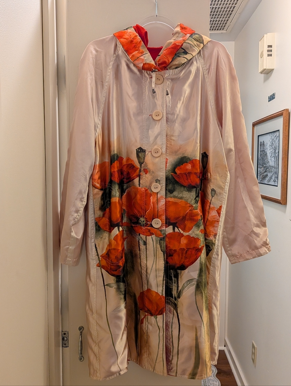 Red Poppy Reversable Hooded Long Rain Jacket Medium